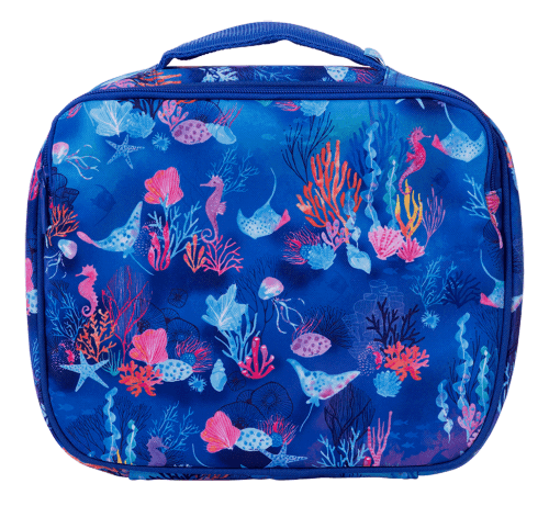 Front view of large Spencil Coral Garden lunch bag including chill pack