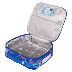 Open view of large Spencil Coral Garden lunch bag including chill pack