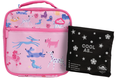 Front view of small Spencil Doodle Dogs lunch bag including chill pack