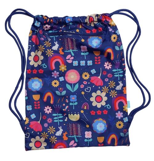 Front view of large Spencil Flower Power drawstring bag