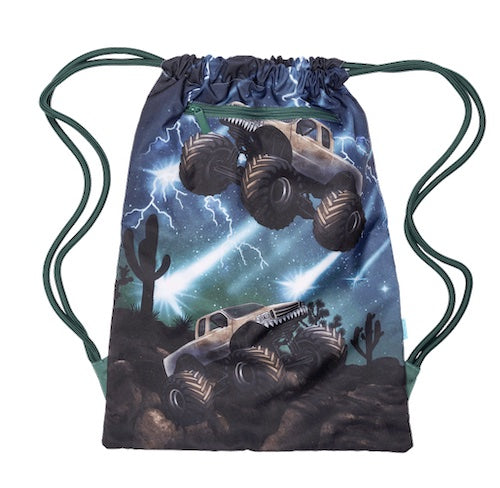 Front view of large Spencil Meteor Trucks drawstring bag