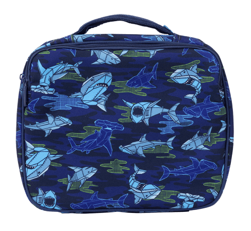 Front view of large Spencil Robo Shark lunch bag including chill pack