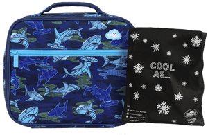 Front view of large Spencil Robo Shark lunch bag including chill pack