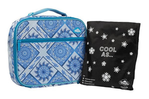 Front view of large Spencil Boho Blue lunch bag including chill pack