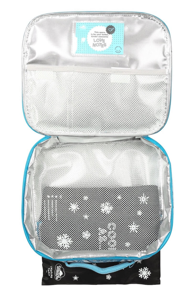 Front view of large Spencil Boho Blue lunch bag including chill pack