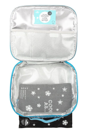 Inside view showing chill pack insert of large Spencil Boho Blue lunch bag including chill pack