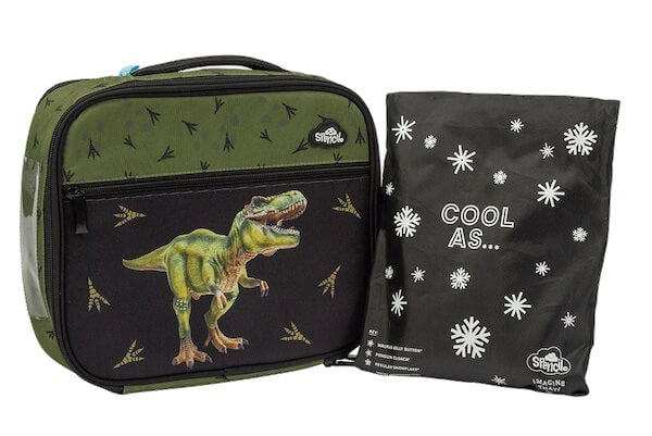 Front view of large Spencil Dinosaur Discovery lunch bag including chill pack