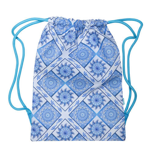 Front view of large spencil boho blue drawstring bag