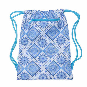 Front view of large spencil boho blue drawstring bag