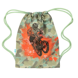 Front view of Large Camo Biker Drawstring Bag