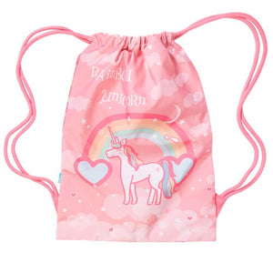 Front view of large spencil rainbow unicorn drawstring bag