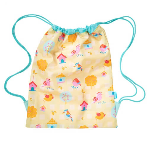 Front view of small Spencil Tweets Tree House drawstring bag