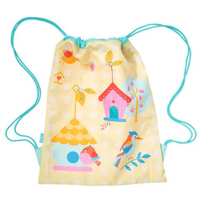 Front view of small Spencil Tweets Tree House drawstring bag